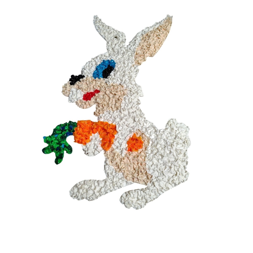 Vintage Easter Bunny & Carrot Melted Plastic Popcorn 21" Decoration White Rabbit